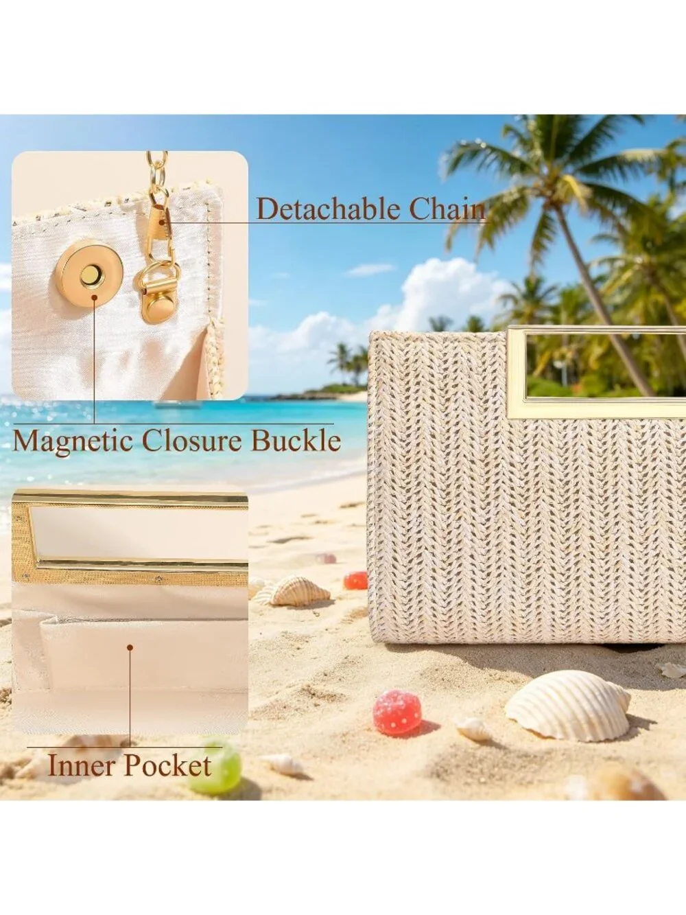 Women's Gold Clutch Handbag Modern Faux Leather with Metal Handle Evening Bag
